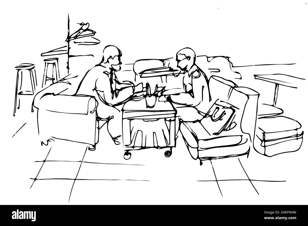 Schwarz-weiße Vektorskizze von zwei Freunden auf einer Couch in einem Café Stockfoto