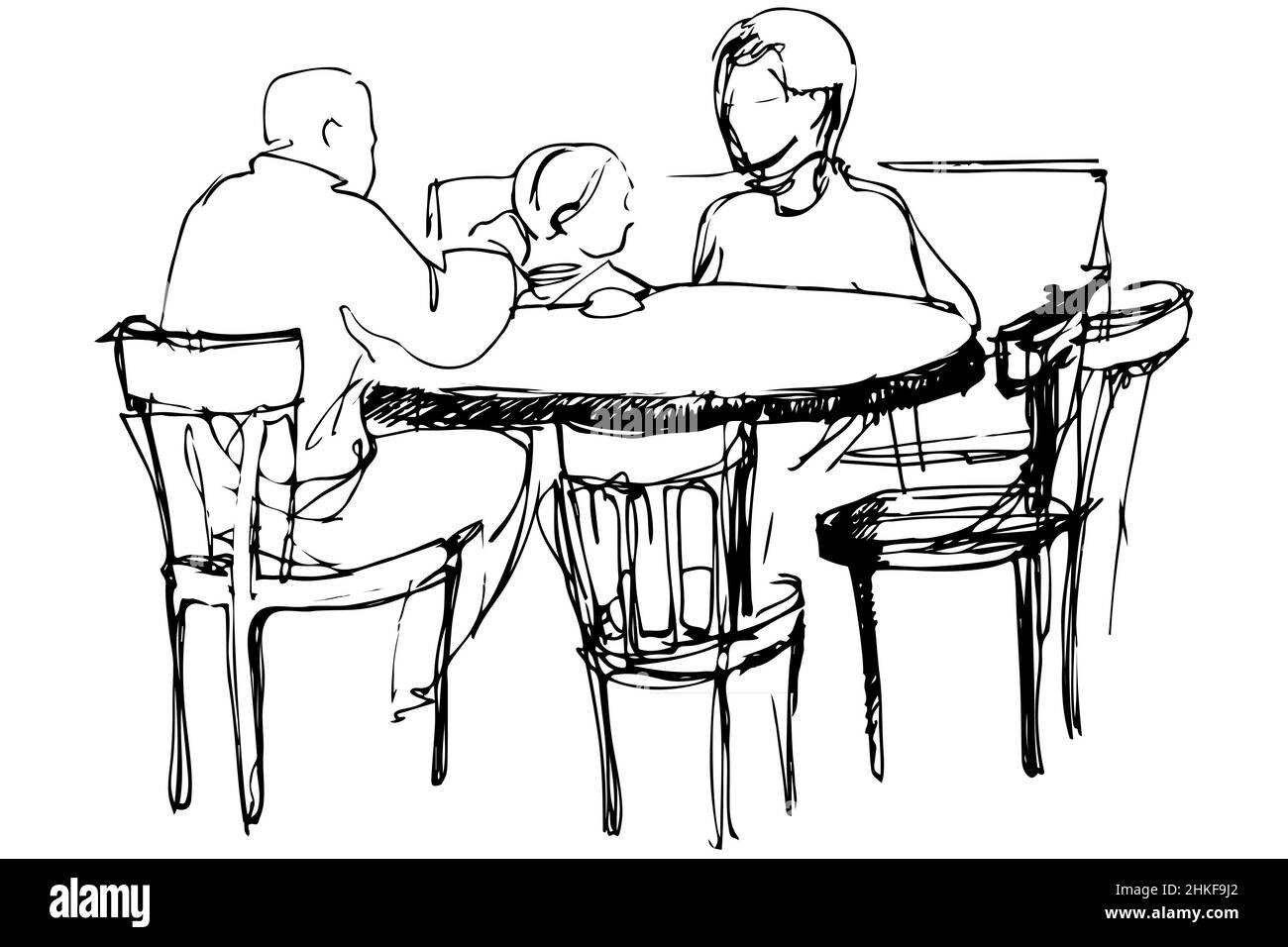 Schwarz-weiße Vektorskizze von Vater und Mutter mit ihrer Tochter an einem Tisch in einem Café Stockfoto