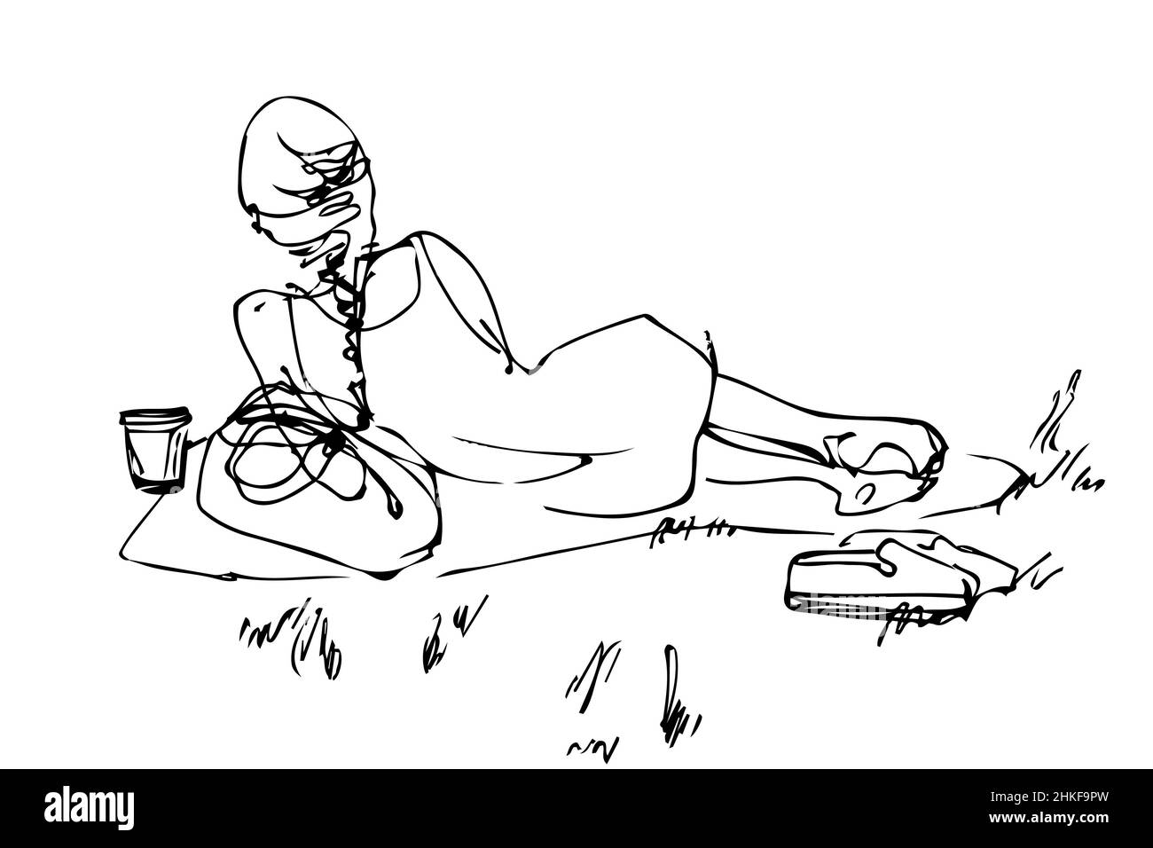 Schwarz-Weiß-Vektor-Skizze Picknick-Mädchen auf dem Gras liegend ruhen Stockfoto