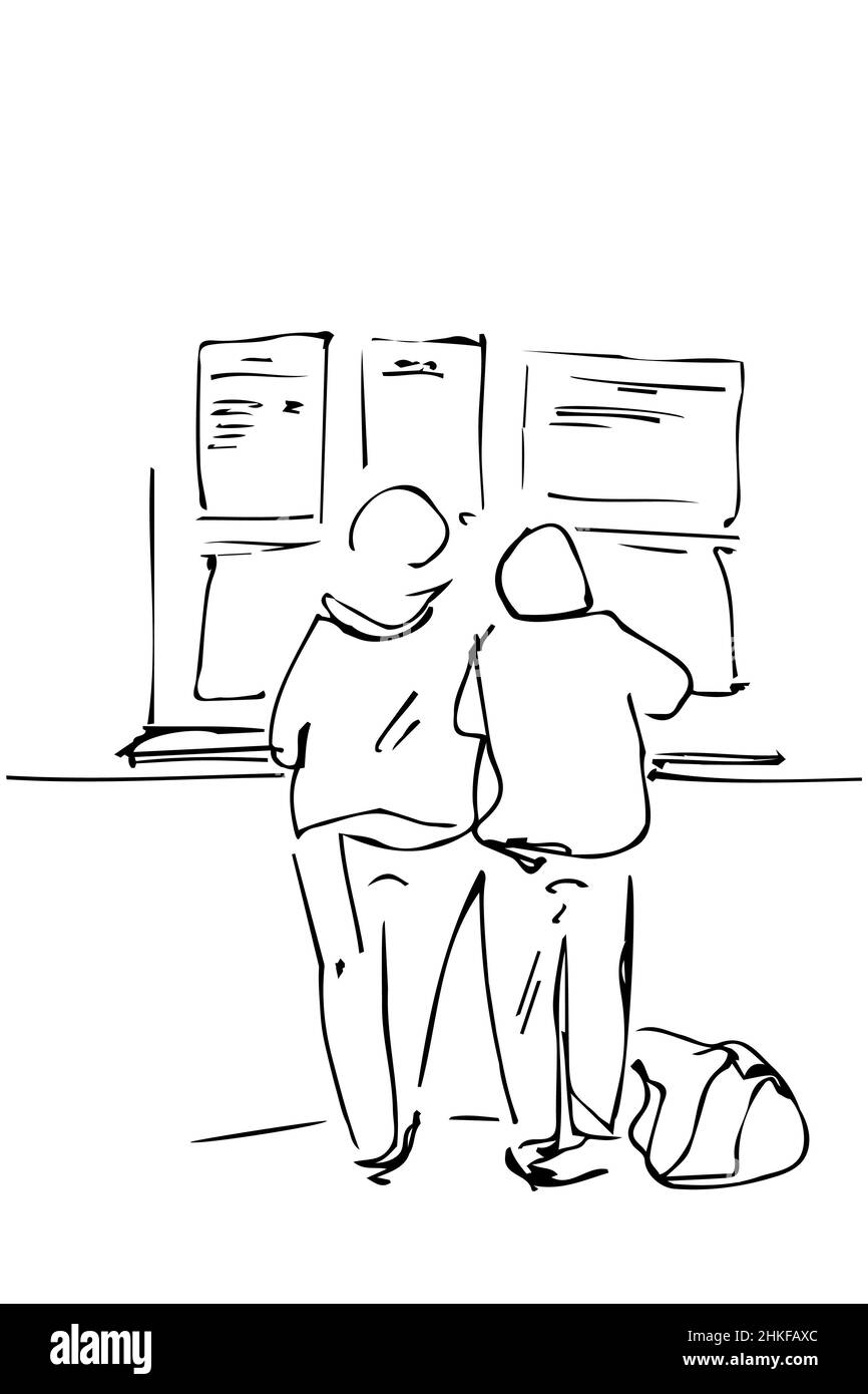 Schwarz-Weiß-Vektorskizze von zwei Männern auf dem Zeitplan auf der Station Stockfoto