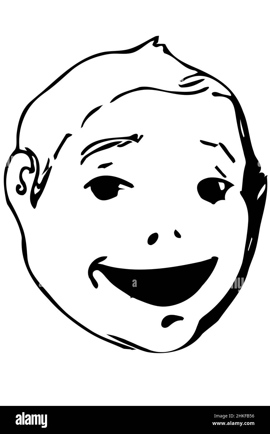 Schwarz-weiße Vektorskizze eines schönen Gesichts eines lächelnden Kindes Stockfoto