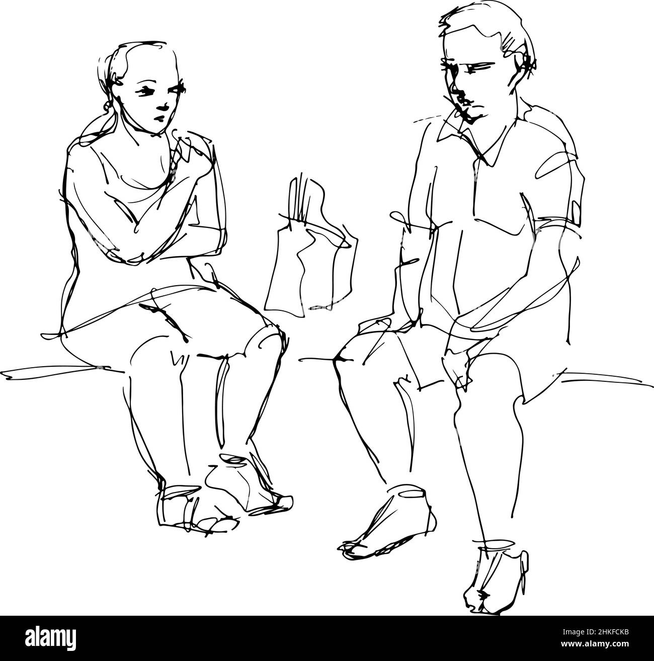 Schwarz-weiße Skizze eines Mannes und einer Frau, die auf einer Bank sitzen Stockfoto