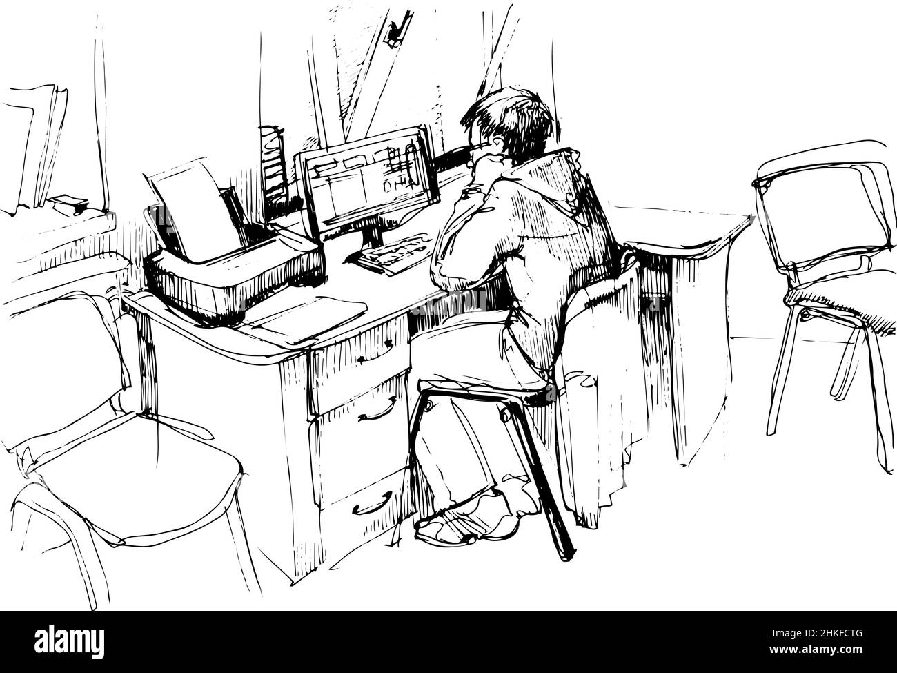 Eine Skizze eines Mannes im Büro, der am Computer arbeitet Stockfoto