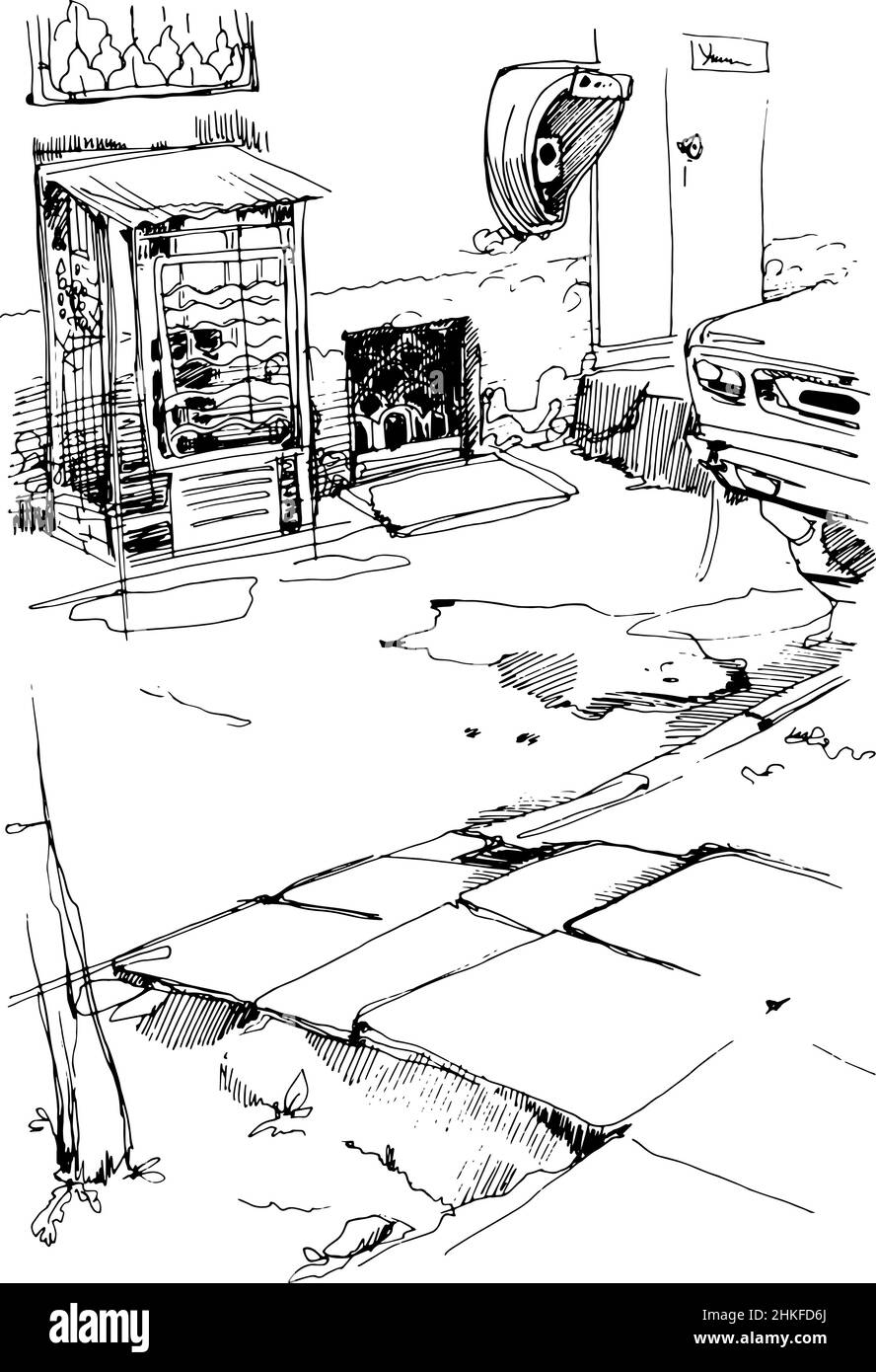 Schwarz-weiß Skizze Vektor Stadtallee mit Payphones Stockfoto