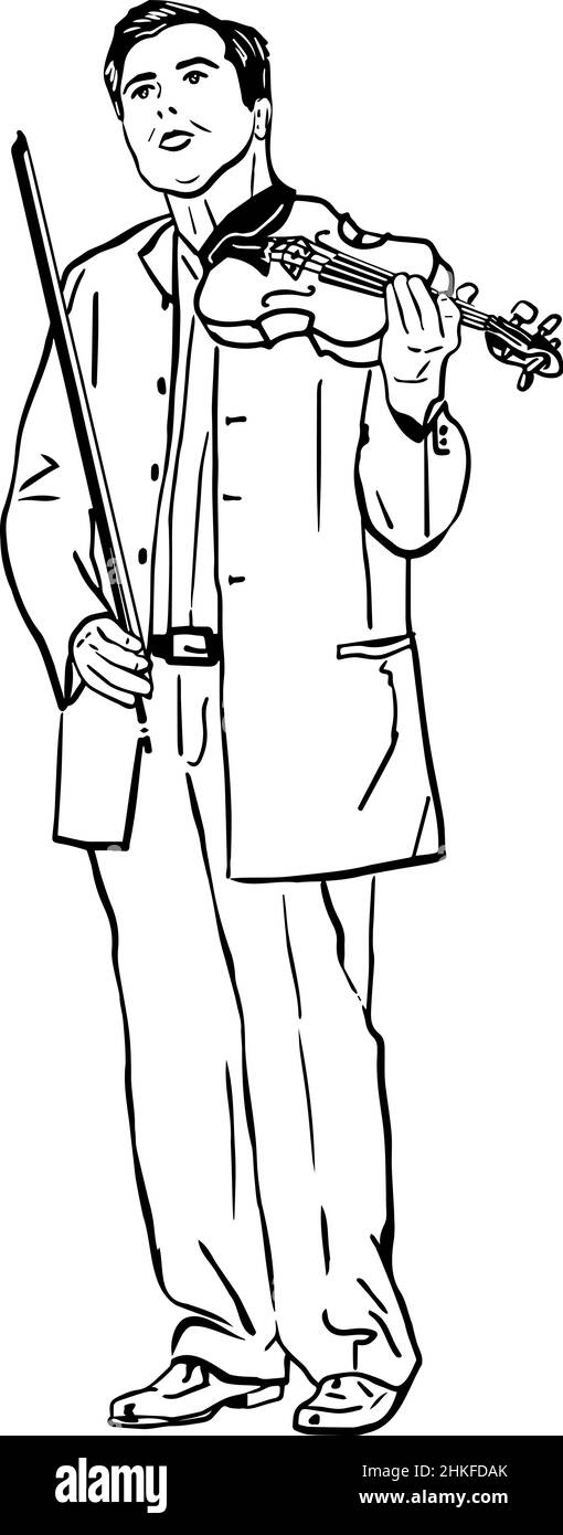 Schwarz-weiße Vektorskizze eines Musikers mit Geige Stockfoto