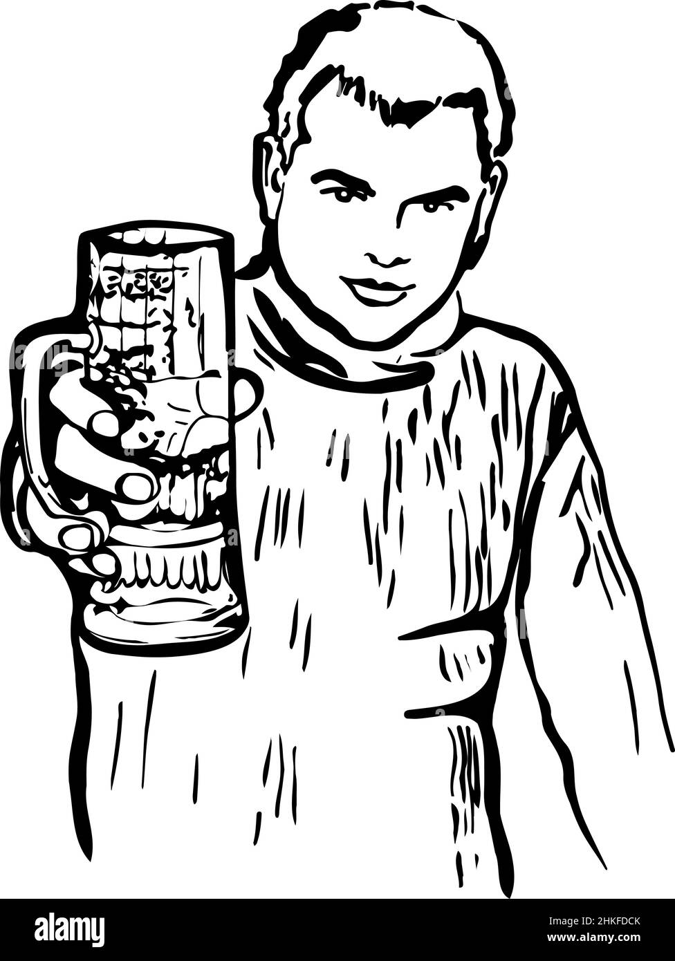 Schwarz-weiße Skizze eines Mannes mit einem Glas Bier Stockfoto