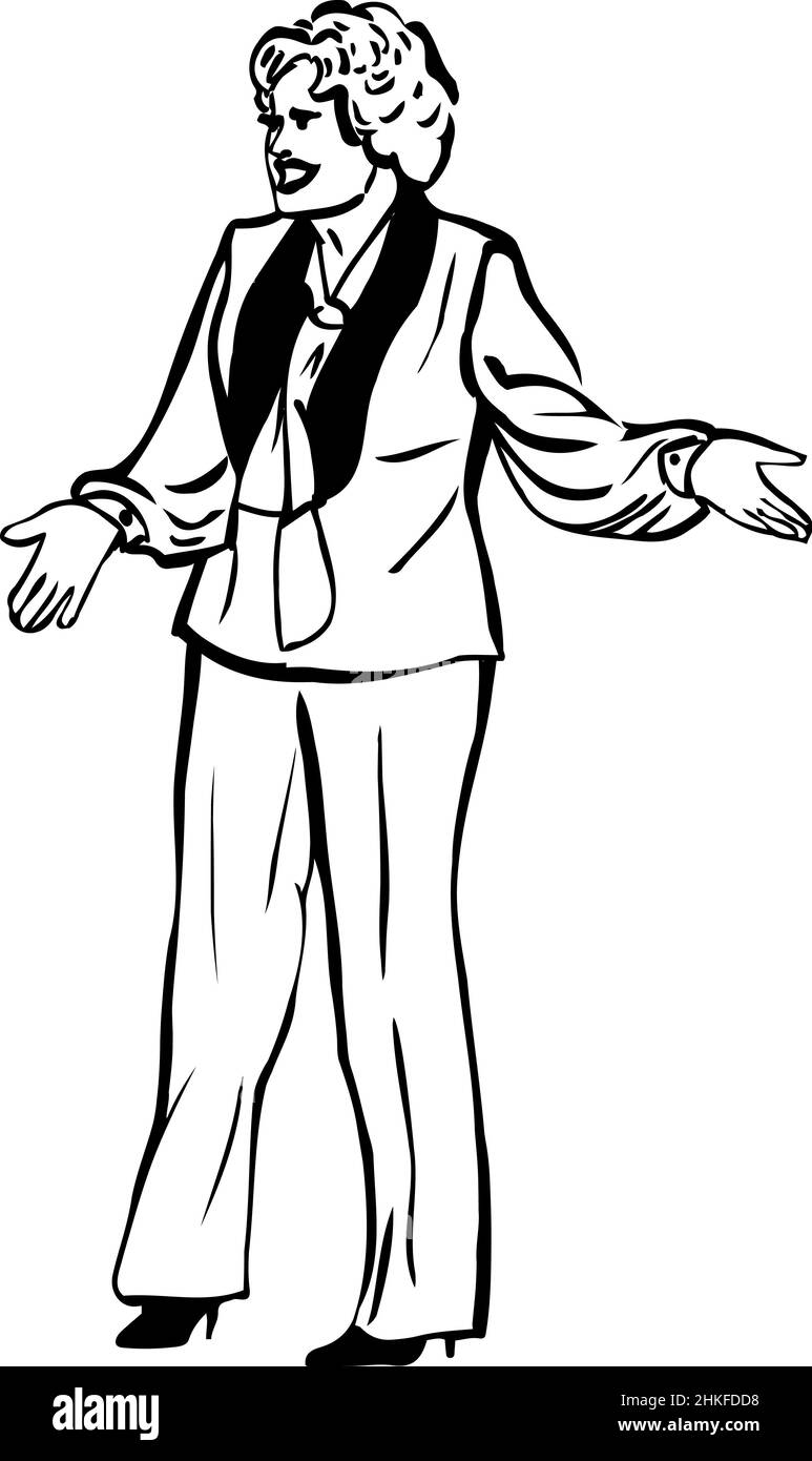 Schwarz-weiße Skizze einer Frau in einem Anzug Stockfoto