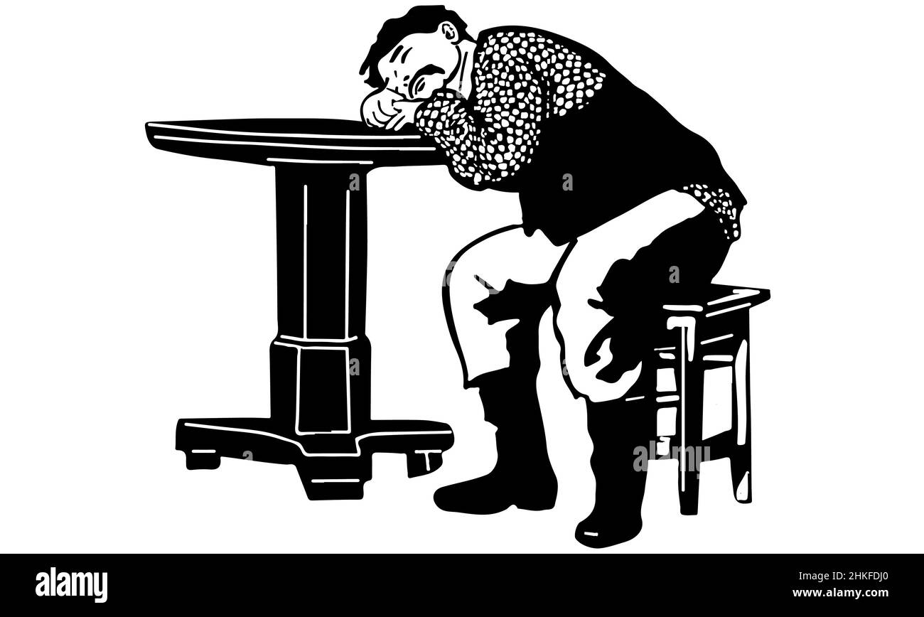 Schwarz-weiße Vektorskizze eines Mannes mit Schnurrbart war am Tisch eingeschlafen Stockfoto