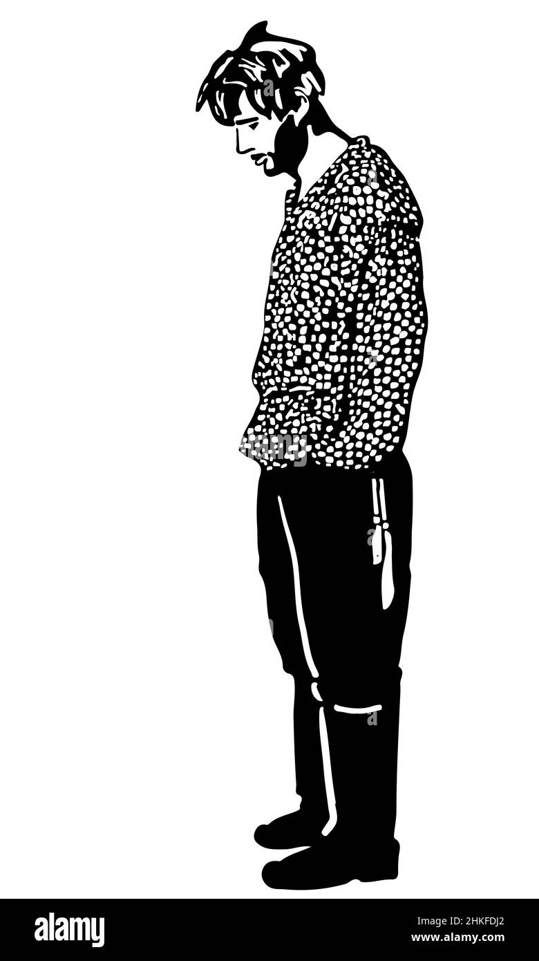 Schwarz-weiße Vektorskizze eines unrasierten Mannes, der steht und schaut Stockfoto