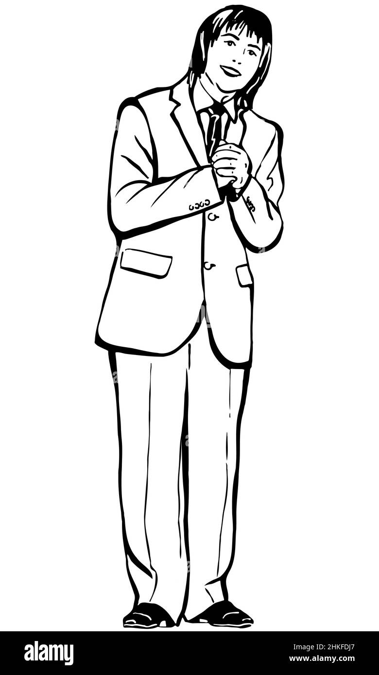 Schwarz-weiße Vektorskizze eines jungen Mannes beim Beten Stockfoto