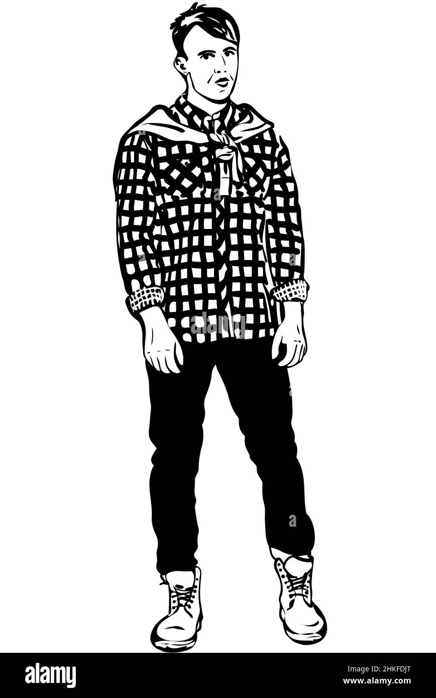 Schwarz-weiße Vektorskizze eines jungen Mannes in einem karierten Hemd Stockfoto