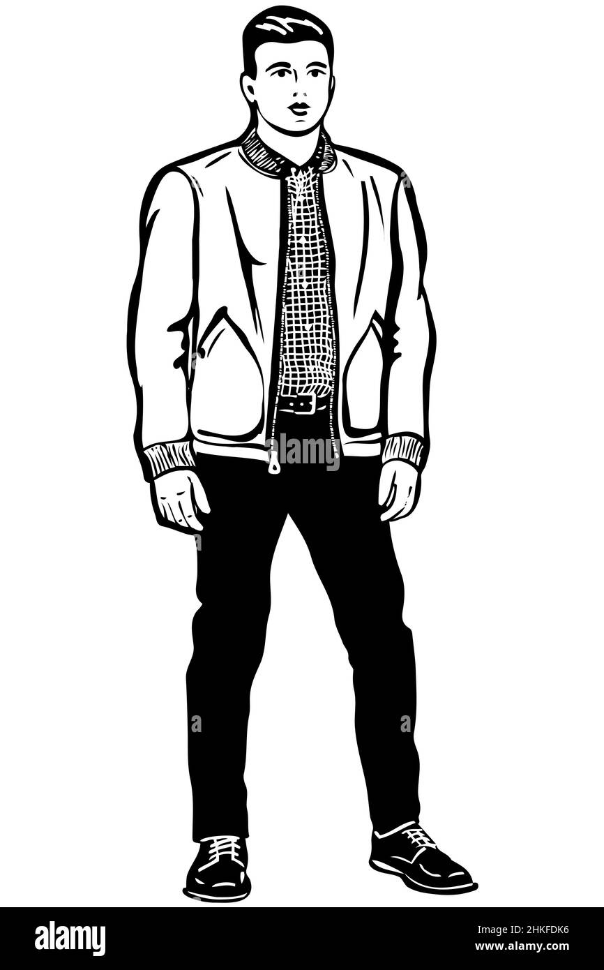 Schwarz-weiße Vektorskizze eines jungen Mannes in einem kurzen Jacketv Stockfoto