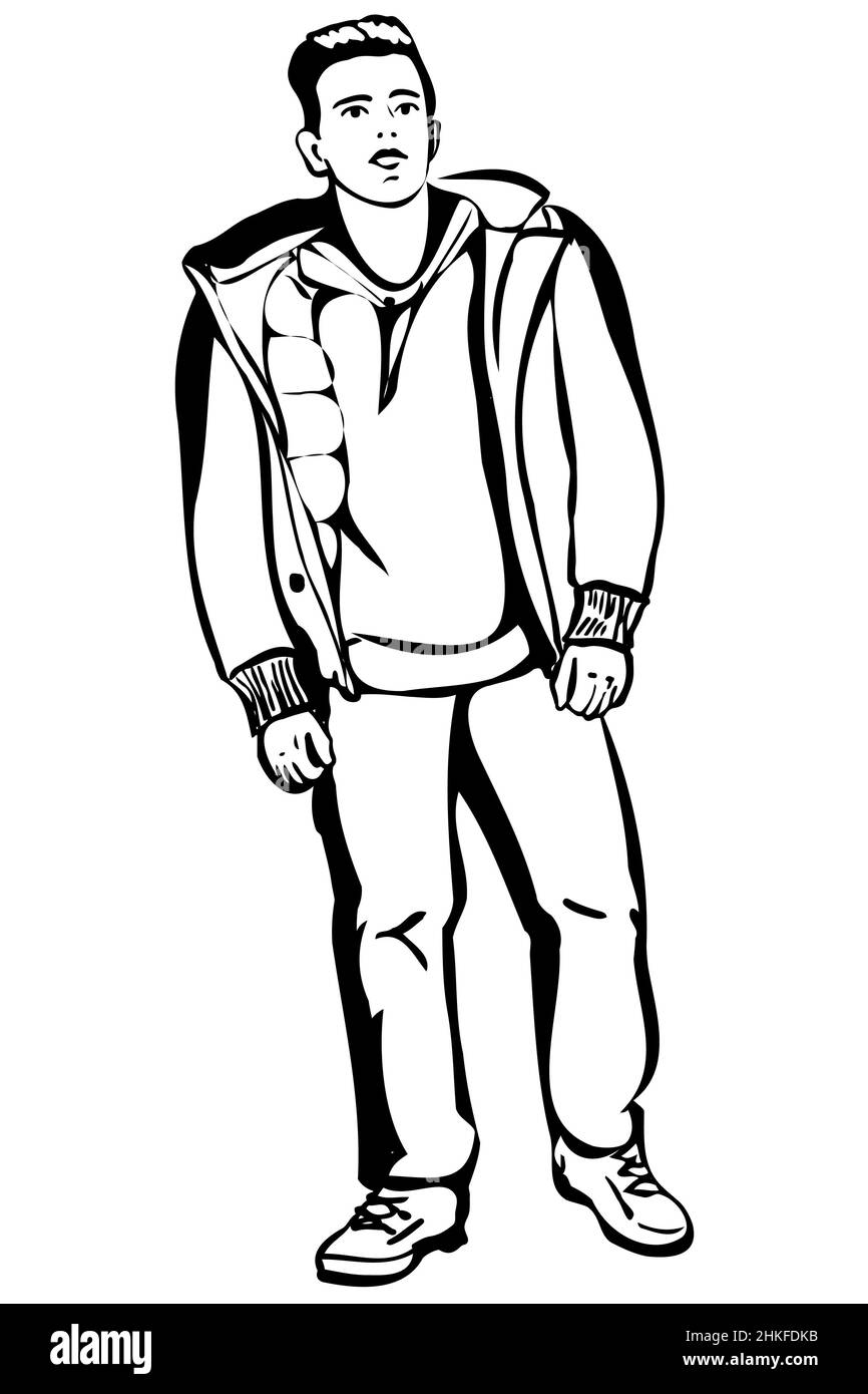 Schwarz-weiße Vektorskizze eines jungen Mannes in einer kurzen Jacke Stockfoto