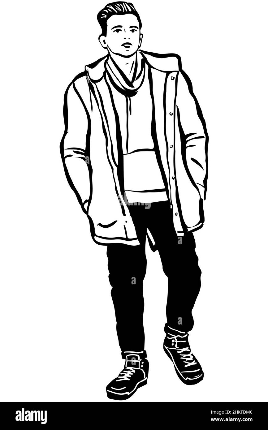 Schwarz-weiße Vektorskizze eines jungen Mannes in einer Jacke Stockfoto