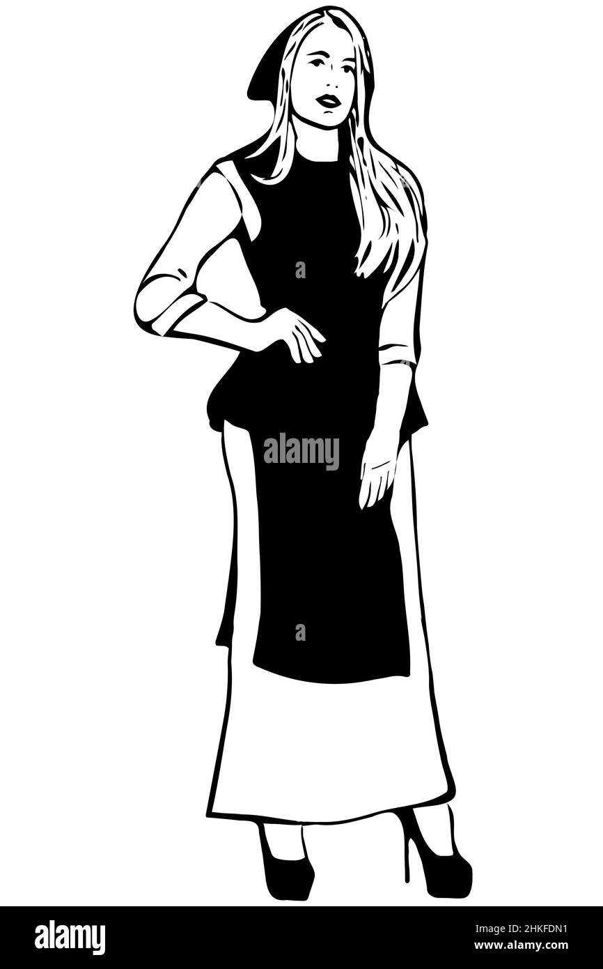 Schwarz-weiße Vektorskizze einer jungen blonden Frau in einer Schürze und einem Tuch auf ihrem Kopf Stockfoto