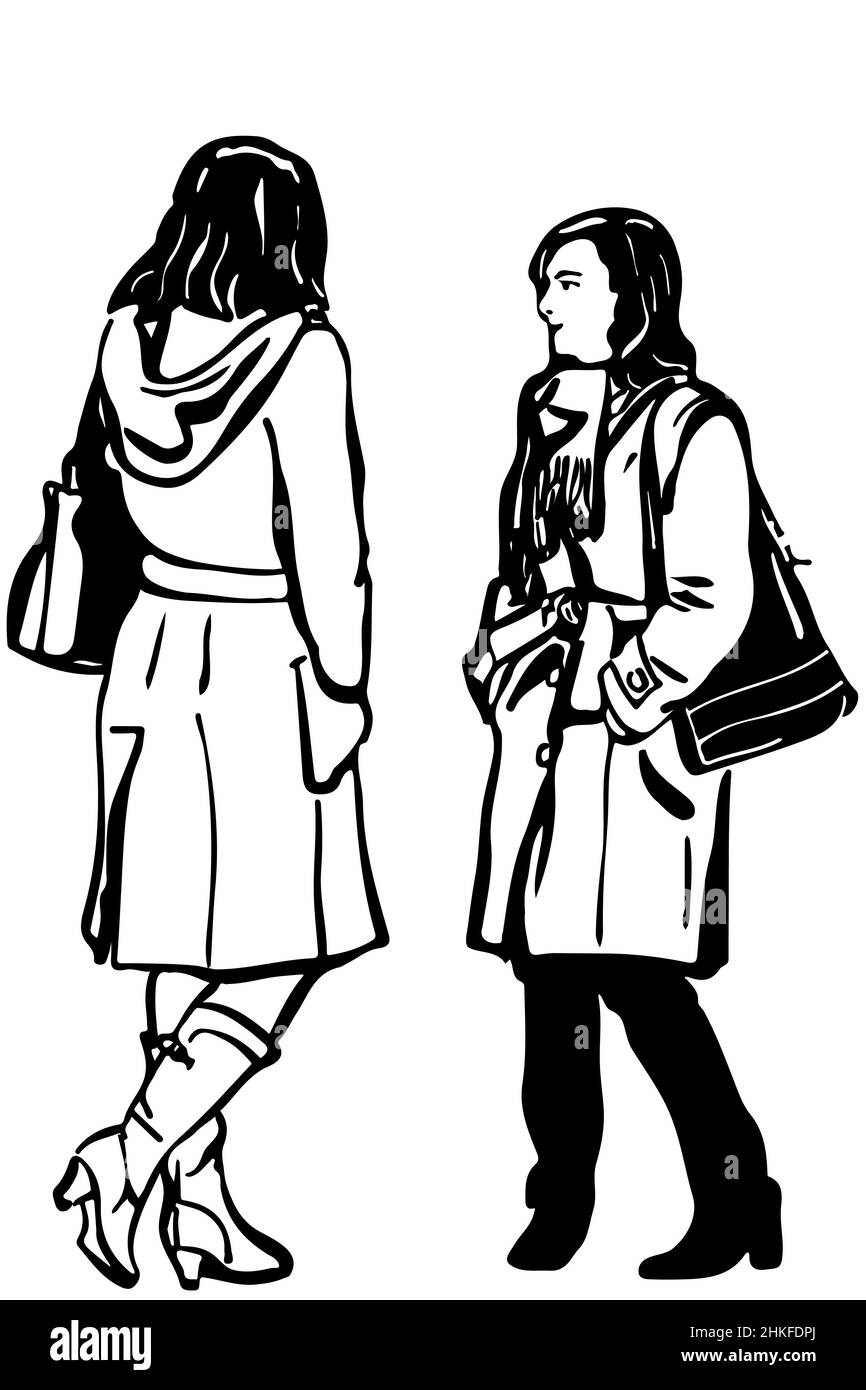 Schwarz-weiße Vektorskizze von zwei Freundinnen im Mantel, die im Gespräch stehen Stockfoto