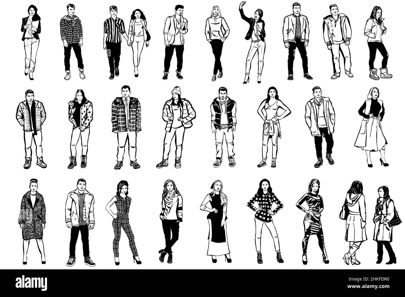 Schwarz-weiße Vektorskizze von Männern und Frauen in schöner Kleidung Stockfoto
