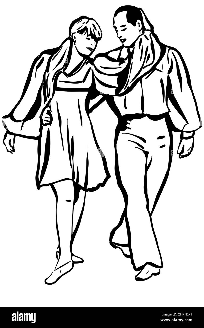 Schwarz-weiße Vektorskizze von Mann und Frau, die sanft tanzen Stockfoto