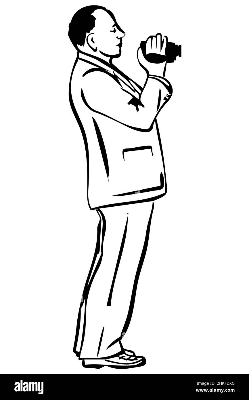 Schwarz-Weiß-Vektorskizze eines Mannes in einer Jacke schießt Video Stockfoto