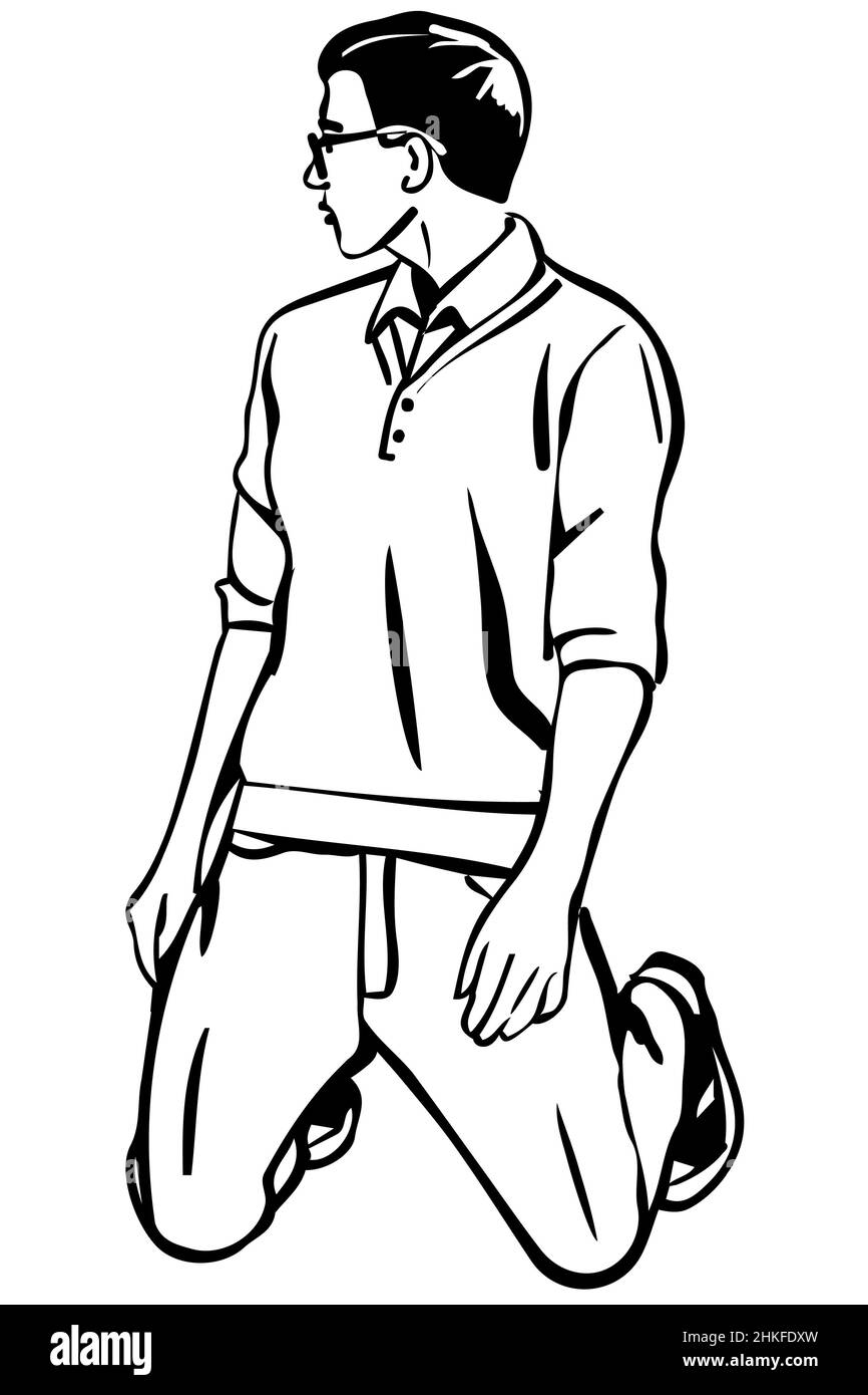 Schwarz-weiße Vektorskizze eines jungen Mannes mit Brille auf der Kniee Stockfoto