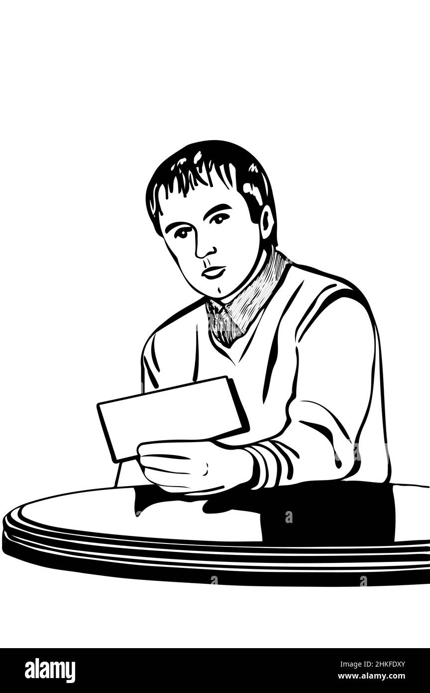 Schwarz-weiße Vektorskizze eines Mannes an einem Tisch, der eine Notiz liest Stockfoto