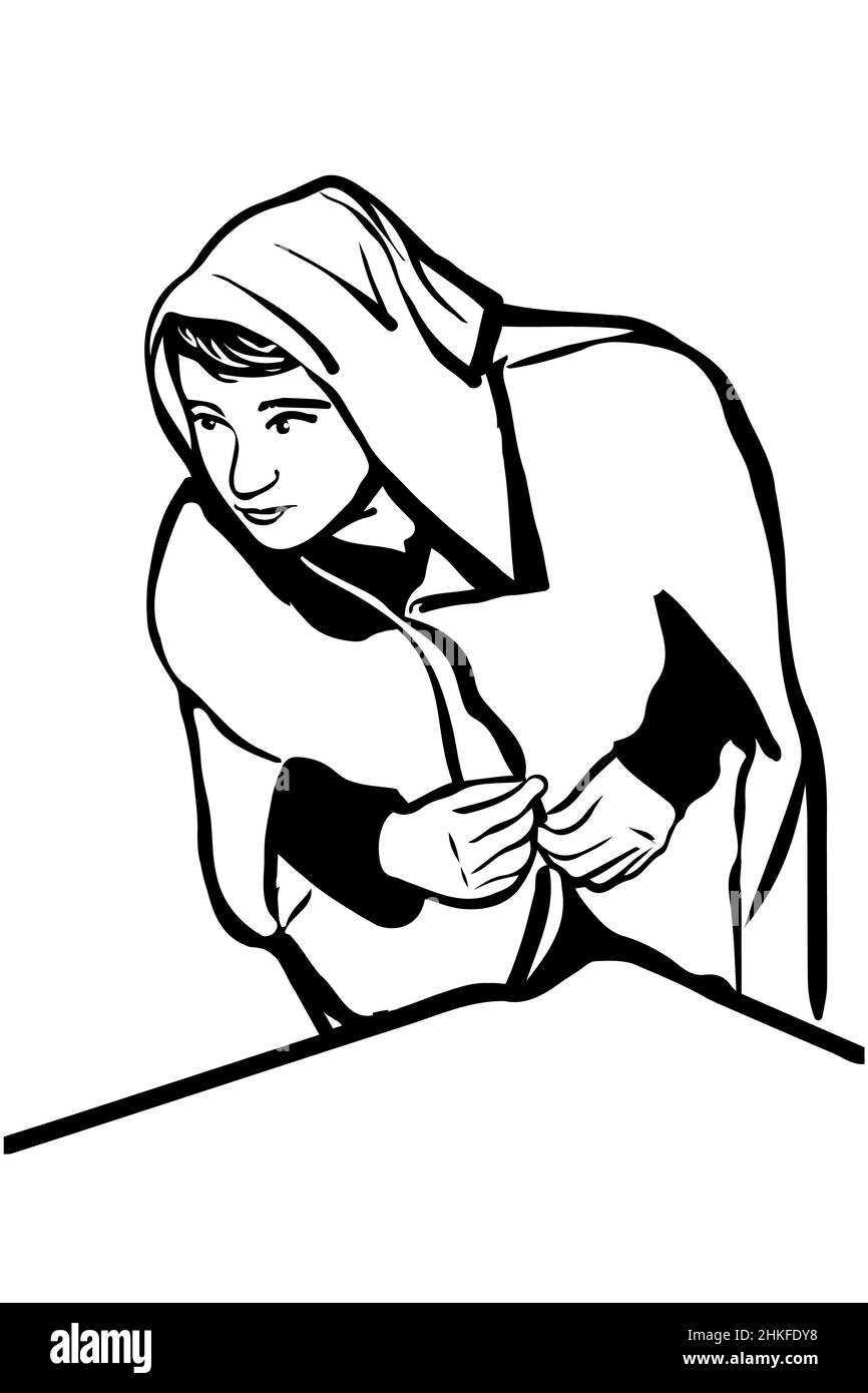 Schwarz-weiße Vektorskizze eines jungen Mannes in einer Robe mit Kapuze Stockfoto