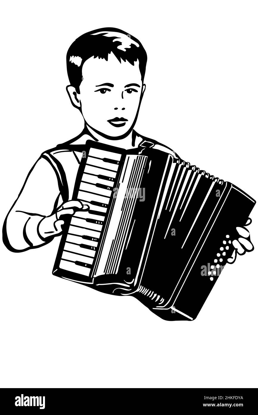 Schwarz-Weiß-Vektor-Skizze des Jungen spielt Musik auf dem Akkordeon Stockfoto