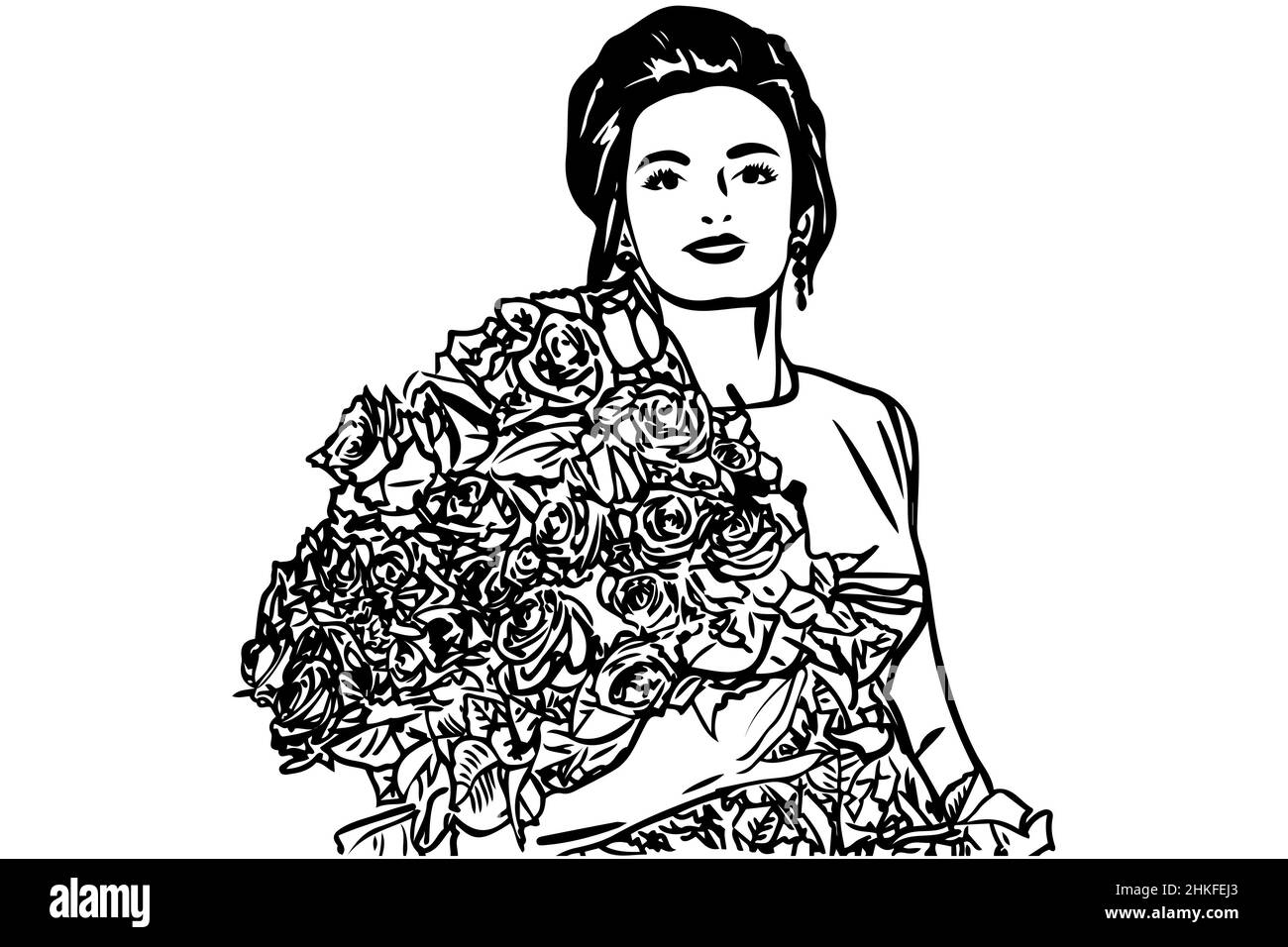 Schwarz-weiße Vektorskizze eines schönen Mädchens mit einem Strauß Rosen Stockfoto