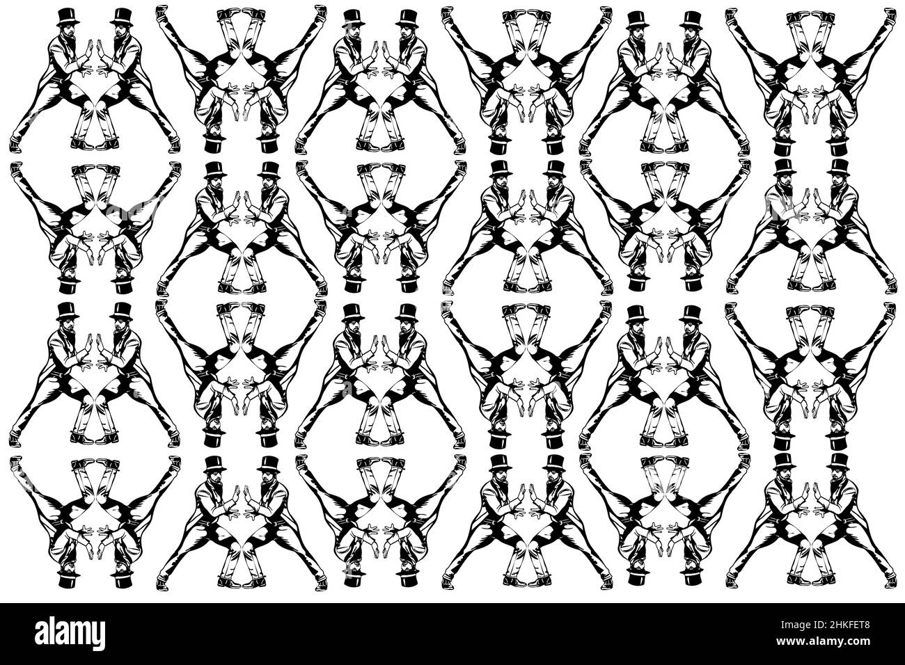 Schwarz-weiße Vektorskizze eines Zauberers in einem Zylinder, der mit seinen Händen vorbeigeht Stockfoto