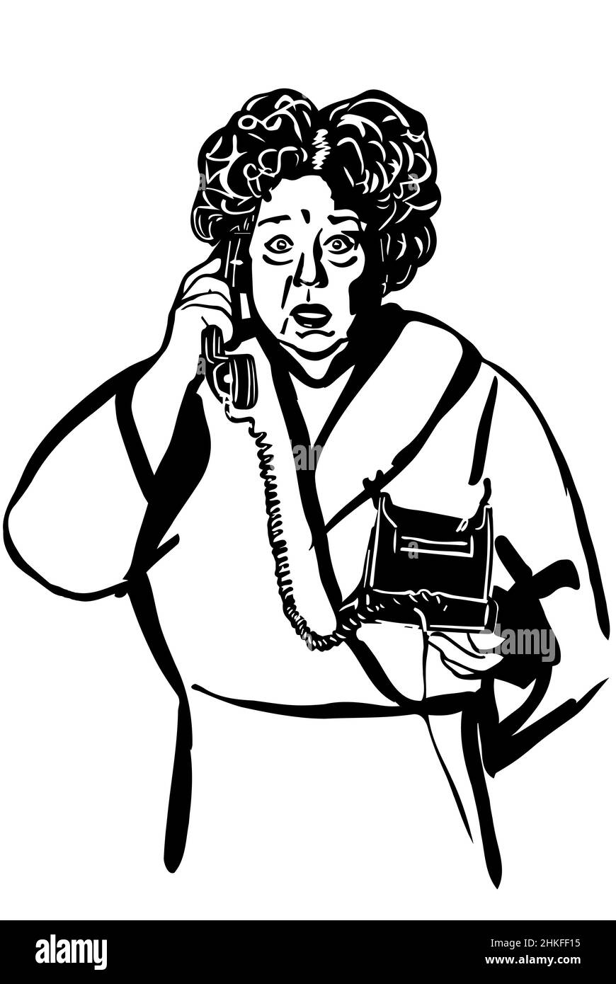 Schwarz-Weiß-Vektorskizze einer älteren Frau, die am Telefon spricht Stockfoto