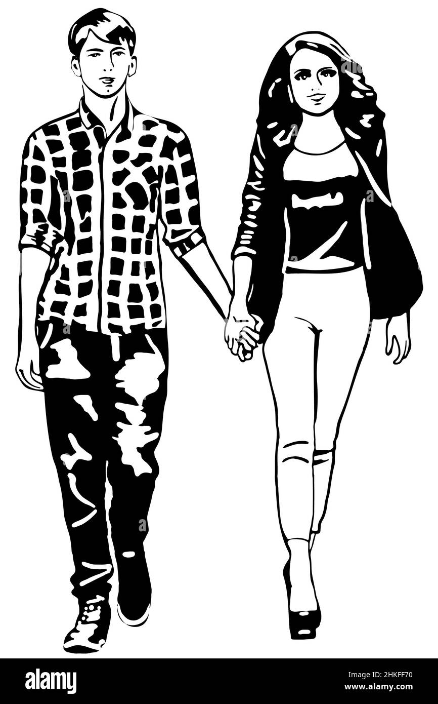 Schwarz-weiße Vektorskizze eines Mannes und eines Mädchens, die die Hände halten Stockfoto