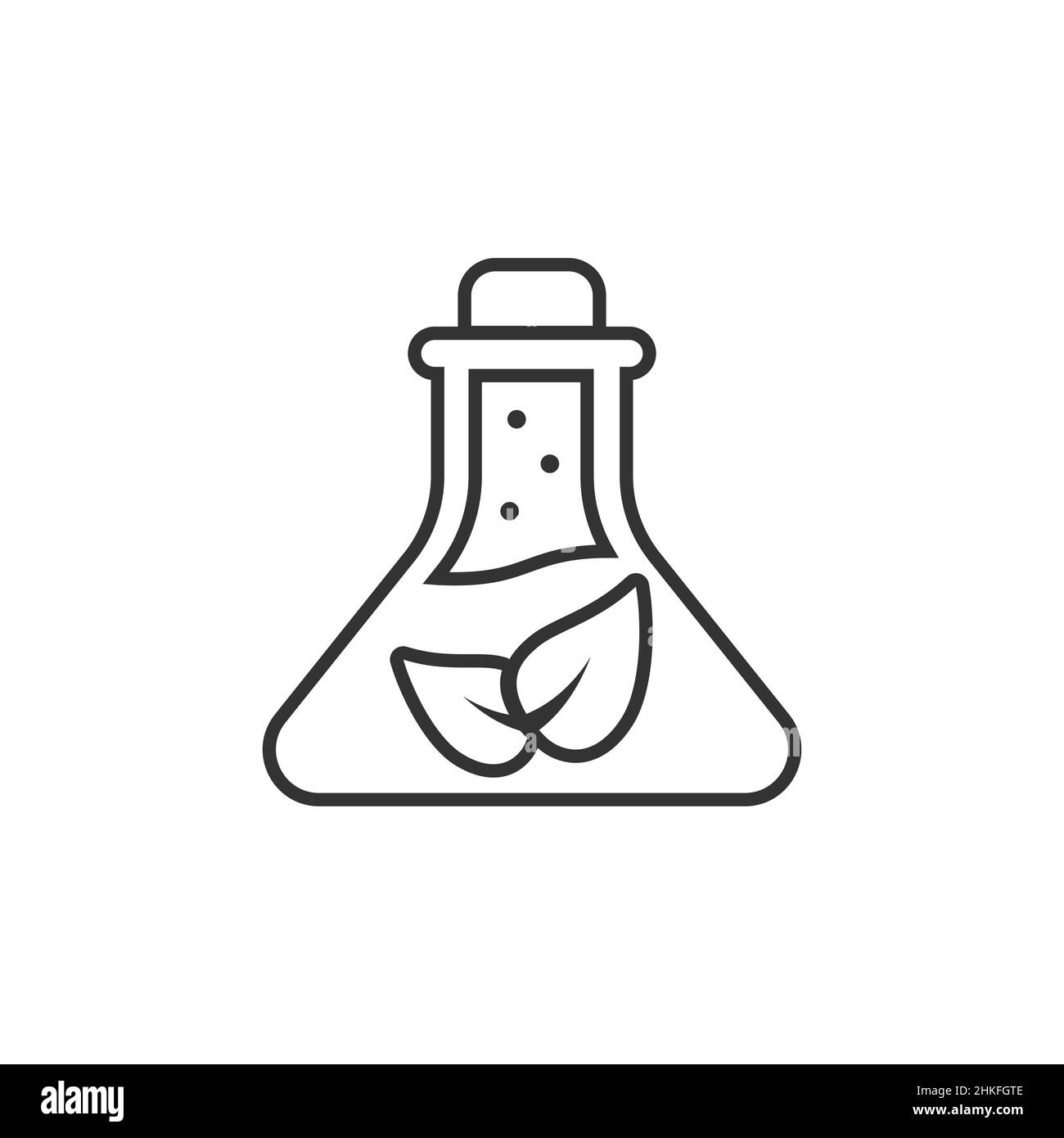 Chemieglas-Ikone in flachem Stil. Laborflasche mit Blattvektordarstellung auf weißem, isoliertem Hintergrund. Naturanalyse Zeichen Geschäftskonzept. Stock Vektor