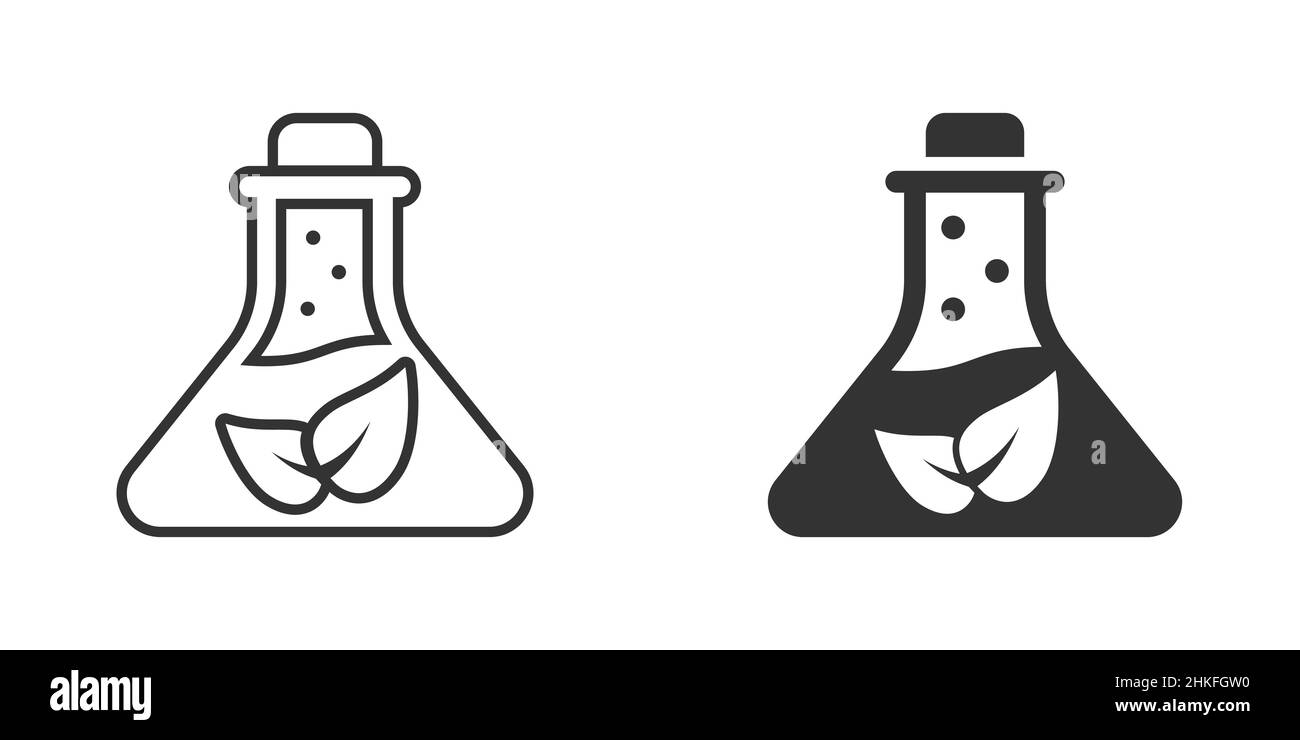 Chemieglas-Ikone in flachem Stil. Laborflasche mit Blattvektordarstellung auf weißem, isoliertem Hintergrund. Naturanalyse Zeichen Geschäftskonzept. Stock Vektor