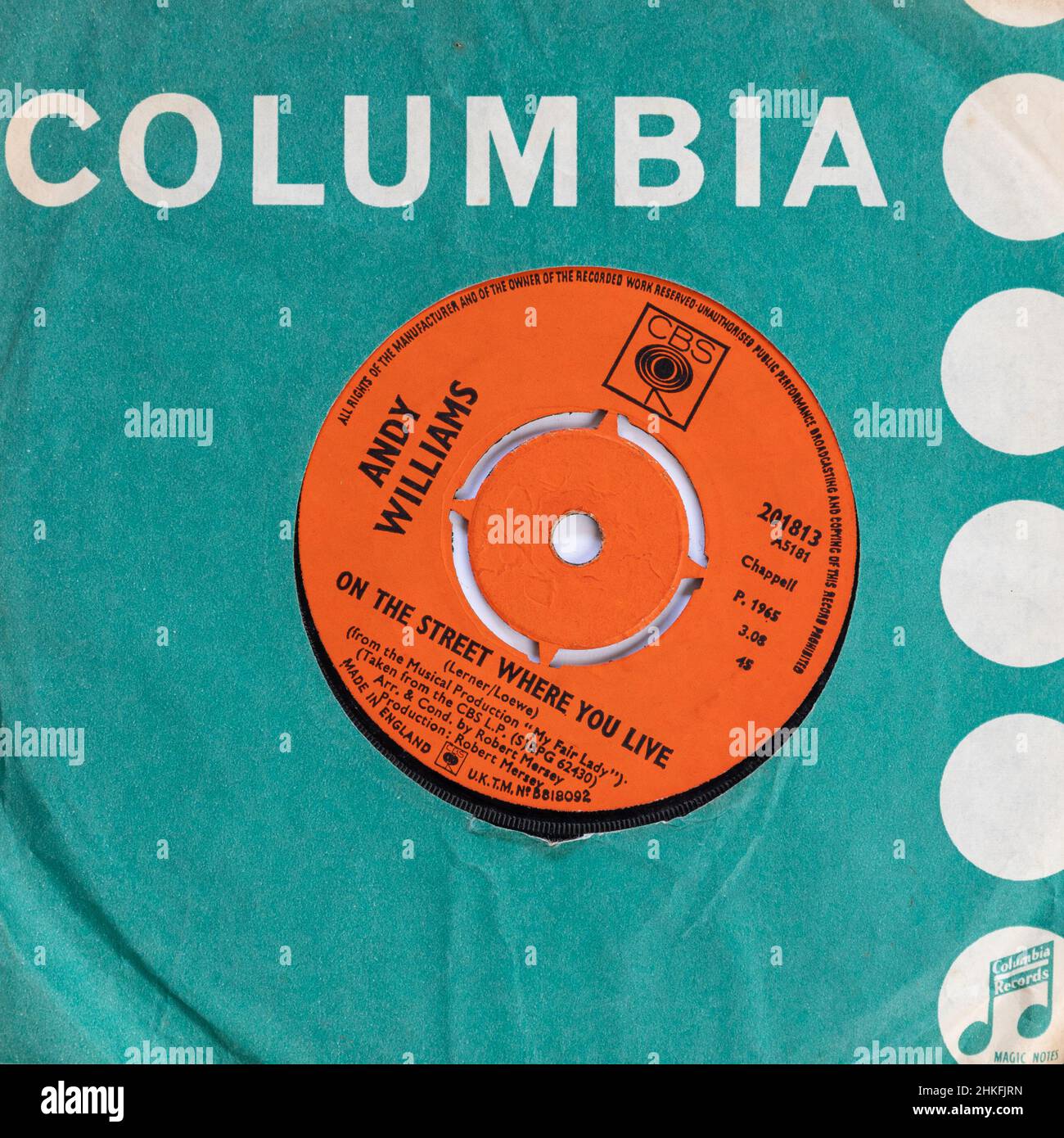 On The Street Where You Live, gesungen von Andy Williams, ein Stock-Foto der 7' Single Vinyl-Platte mit 45 U/min Stockfoto