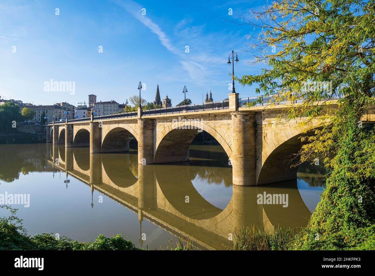 Spanien, La Rja, Logrono, Bühne auf dem Camino Francés, spanische Pilgerroute nach Santiago de Compostela, UNESCO-Weltkulturerbe, Steinbrücke 1884 über den Ebro, Symbol der Stadt Stockfoto