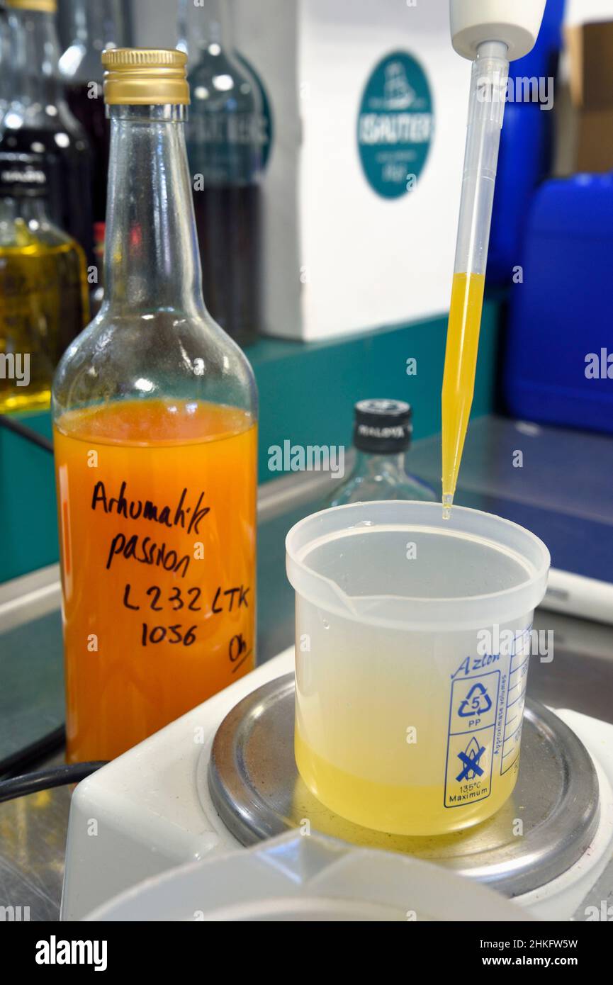Frankreich, Réunion Island (französisches Überseedepartement), Saint Pierre, Anwesen der Isautier-Destillerie, Labor für Analyse und Design neuer Rum-Arrangements, hier die Leidenschaft von Arhumatik Stockfoto