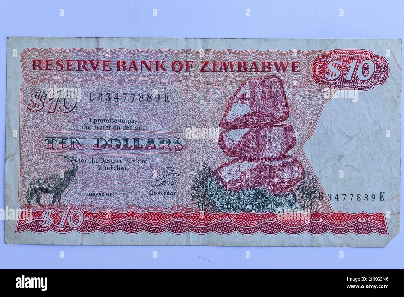 Geld Simbabwe zehn-Dollar-Note-Währung Geschichte des fiat-Papierbankeninflation veraltet Jahrgang. Stockfoto