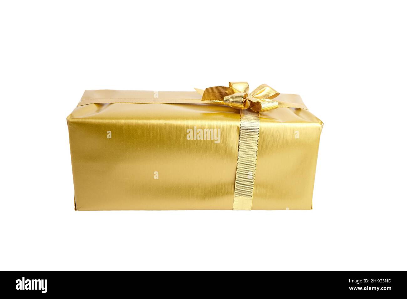 Geschenkbox mit goldenen Bogen auf weißem Hintergrund Stockfoto