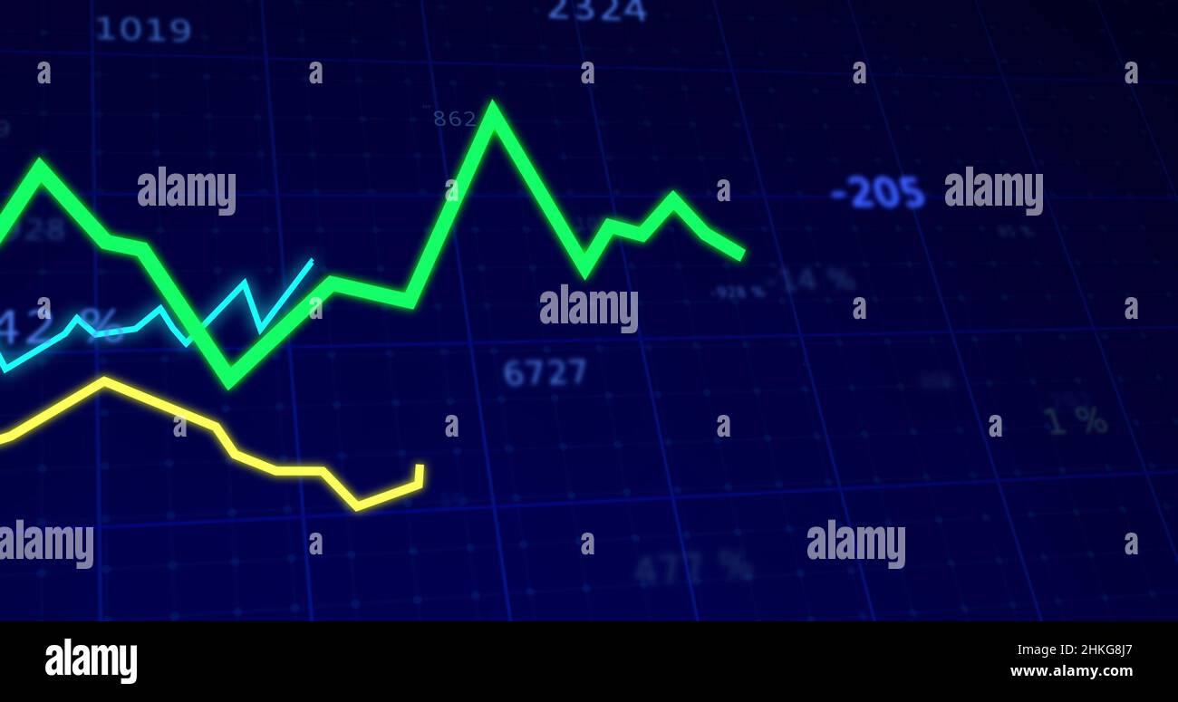 Abbildung der Linienverfolgung und Verarbeitung von Finanzdaten mit sich ändernden Zahlen auf blauem Hintergrund Stockfoto