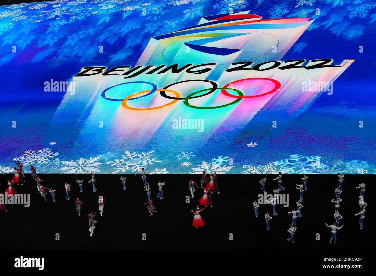 Peking, China. 04th. Februar 2022. PEKING, CHINA - 4. FEBRUAR: Das Logo der Olympischen Spiele 2022 in Peking wird während der Eröffnungszeremonie der Olympischen Spiele 2022 in Peking im Nationalstadion am 4. Februar 2022 in Peking, China, abgebildet (Foto von Douwe Bijlsma/Orange Picics) Quelle: Orange Pics BV/Alamy Live News Stockfoto