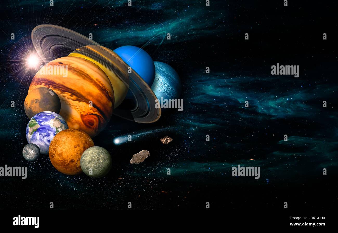Sonnensystem Acht Planeten, Komet und Astroid. Merkur, Venus, Planet Erde, Mars, Jupiter, Saturn, Uranus, Neptun. Wissenschaft und Bildung im Hintergrund Stockfoto