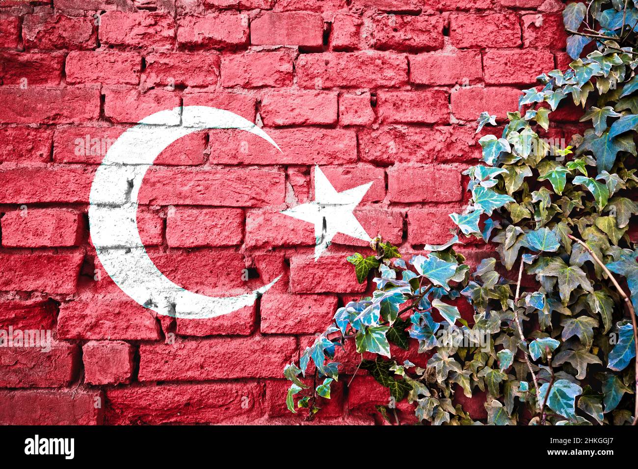 Türkische Grunge-Flagge auf Ziegelmauer mit Efeu-Pflanze, Land Symbol Konzept der Türkei Stockfoto