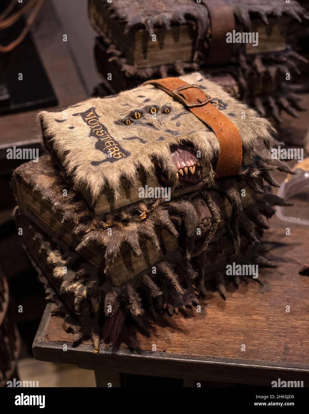Leavesden, Großbritannien - 9th 2022. Januar: Monster Book of Monsters, zu sehen bei der Making of Harry Potter Tour in den Warner Bros. Studios in Leavesden, NE Stockfoto