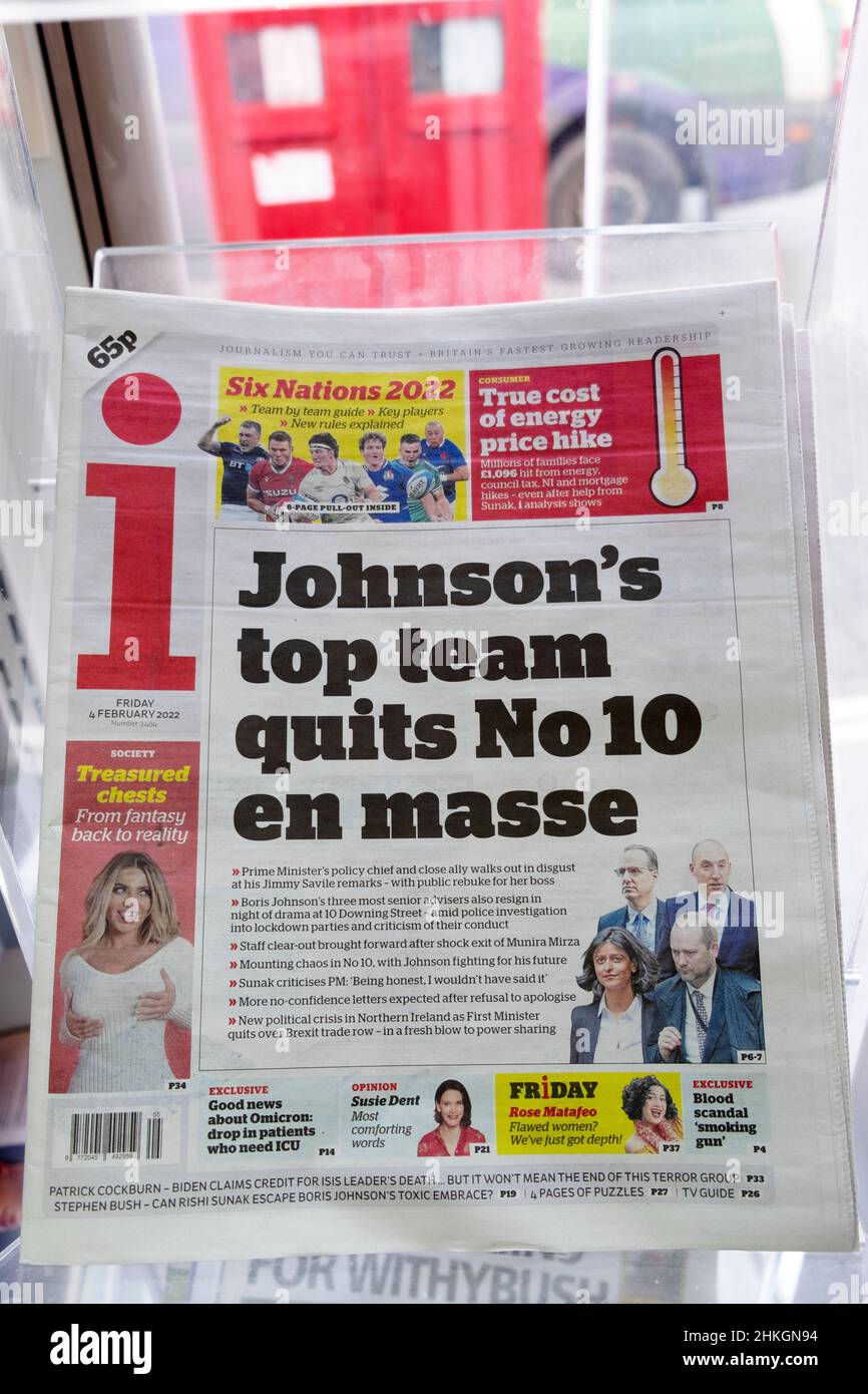 Der konservative Premierminister Boris „Johnsons Top-Team beendet Nr. 10 en Masse“, titelte am 4. Februar 2022 in Großbritannien Stockfoto