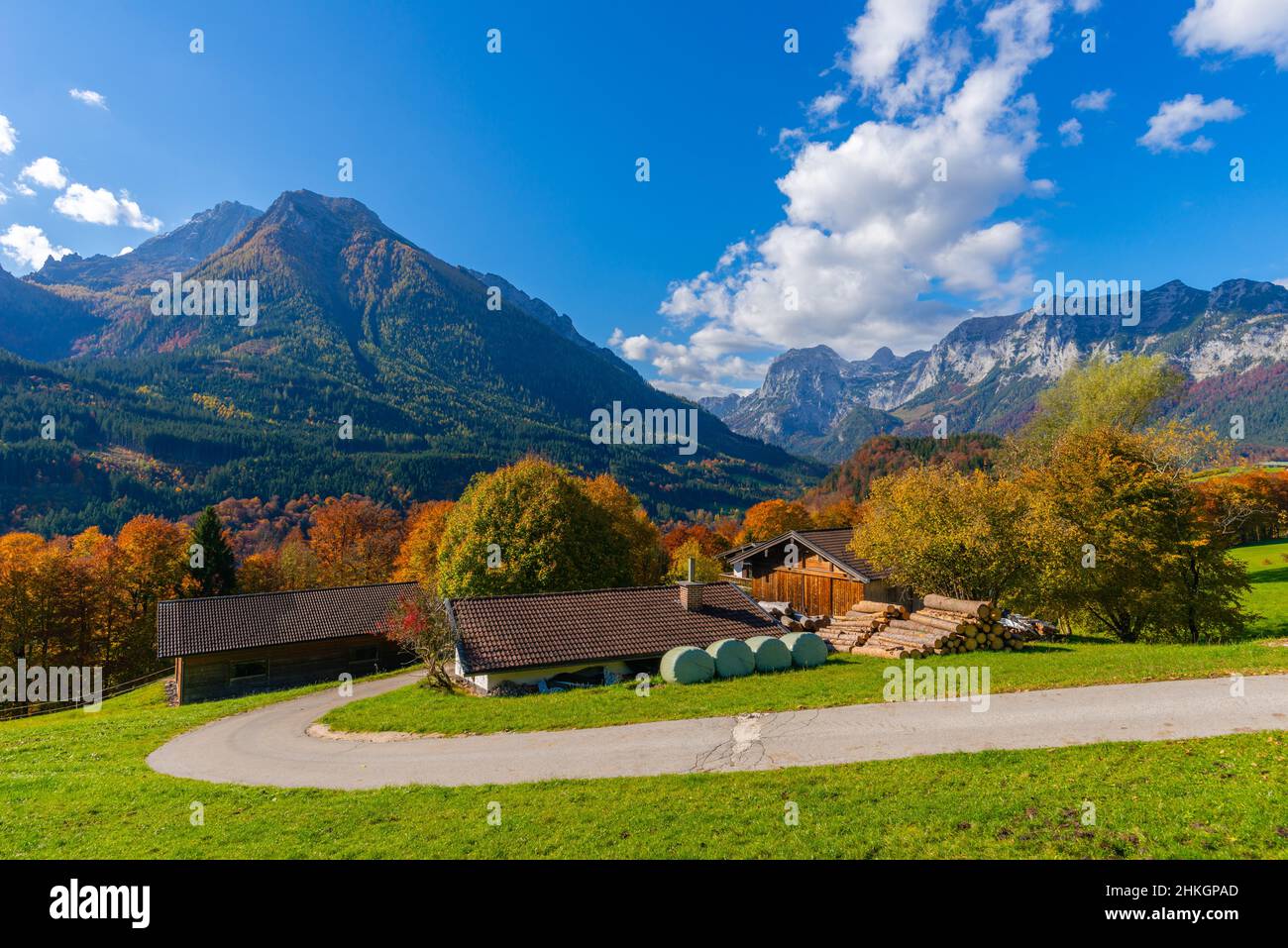 Entlang der Alpenstraße bei Ramsau, Berchtesgadener Land, Bayerische Alpen, Oberbayern, Süddeutschland, Mitteleuropa Stockfoto