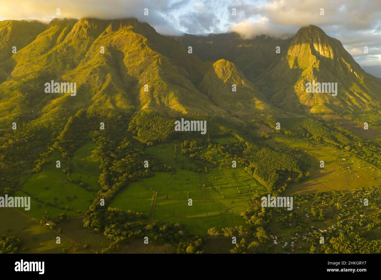 Sonnenuntergang auf dem Mount Mulanje und den Teefeldern, Malawi Stockfoto