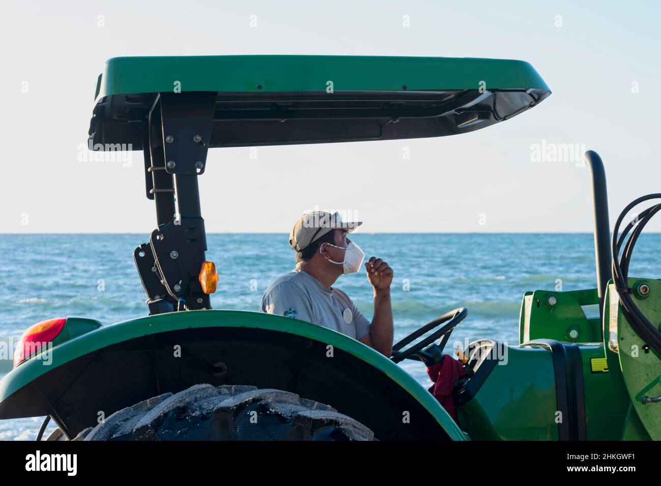 Mexikanischer Betreiber mit Covid19 Gesichtsmaske in einem Traktor am Strand für sargasso Reinigung in Playa del Carmen, Mexiko Stockfoto