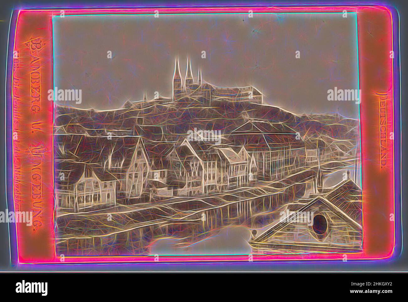 Inspiriert von View of Bamberg und dem Michaelsberg, Deutschland, die Regnitz und der Michaelsberg, Deutschland, Bamberg U. Umgebung, S.P. Christmann, Verlag: S.P. Christmann, Bamberg, Verlag: Berlin, 1860 - 1890, Papier, Albumenprint, Höhe 68 mm × Breite 101 mm, neu gestaltet von Artotop. Klassische Kunst neu erfunden mit einem modernen Twist. Design von warmen fröhlichen Leuchten der Helligkeit und Lichtstrahl Strahlkraft. Fotografie inspiriert von Surrealismus und Futurismus, umarmt dynamische Energie der modernen Technologie, Bewegung, Geschwindigkeit und Kultur zu revolutionieren Stockfoto