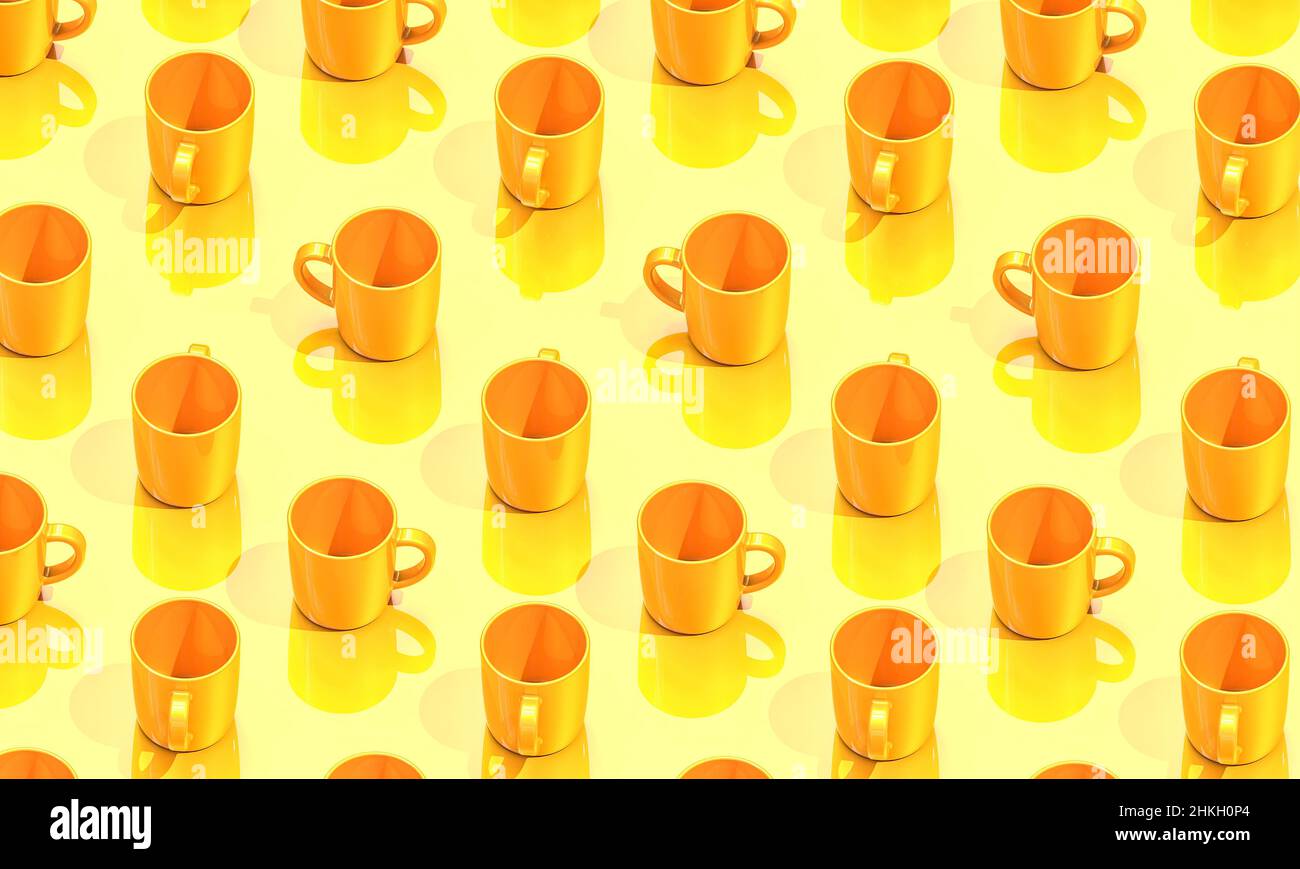 Gelber Hintergrund mit Tassen in verschiedenen Positionen. 3D Rendern Stockfoto
