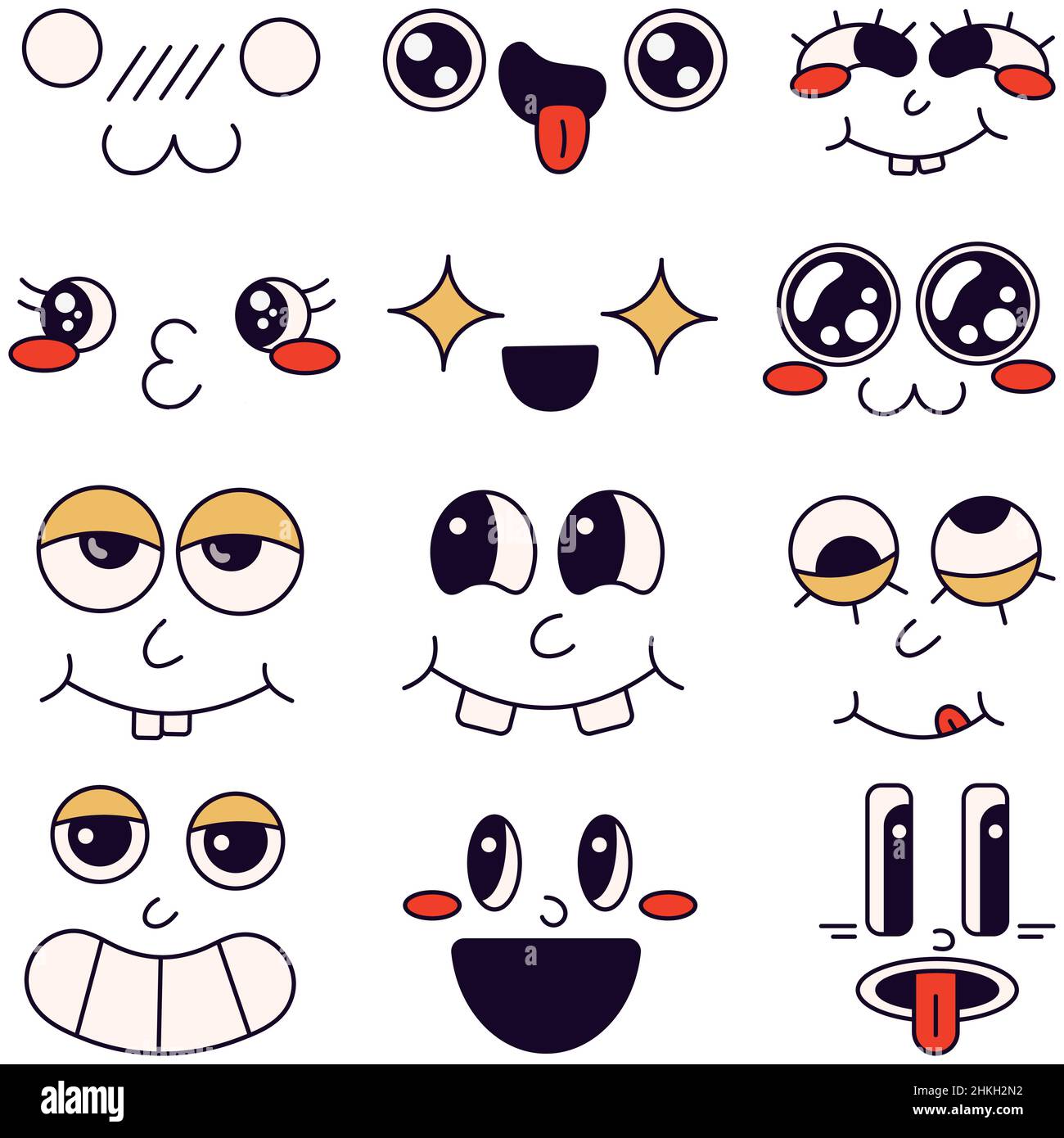 Gesichter mit unterschiedlichen Emotionen auf dem weißen Hintergrund im Cartoon-Stil der 70s Stock Vektor